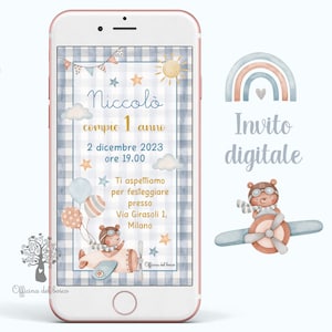 Invito digitale ORSETTO AVIATORE invito festa whatsapp, 1 anno, 2 anni, Battesimo, compleanno, comunione, cresima