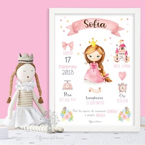 Quadretto nascita PRINCIPESSA - Pdf o STAMPA con CORNICE idea regalo nascita bambina, primo compleanno, battesimo, compleanno, principesse