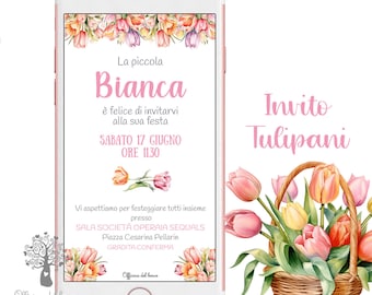Invito Digitale Tulipani, Ghirlande Peonie, Lavanda, Girasoli fiori primavera BAMBINA invito festa Battesimo, compleanno, rosa, matrimonio
