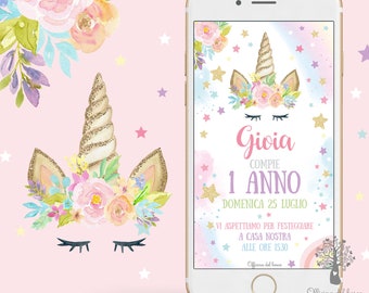 Invitación digital personalizada de unicornio y arcoíris, invitación de cumpleaños o bautizo para niñas vía WhatsApp, invitación mágica rosa, archivo digital