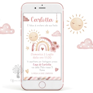 Invito Digitale ARCOBALENO BOHO SOLE, invito festa, Invito compleanno, bambina, rosa, arcobaleni, Battesimo, compleanno, comunione, cresima