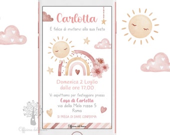 Invito Digitale ARCOBALENO BOHO SOLE, invito festa, Invito compleanno, bambina, rosa, arcobaleni, Battesimo, compleanno, comunione, cresima