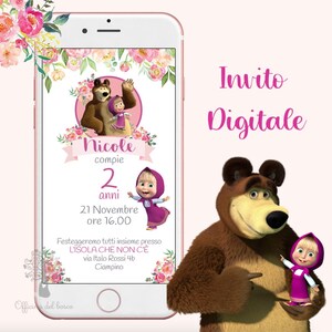 Invito Digitale  Masha e Orso invito festa, 1 anno, 2 anni, 3 anni, 4 anni, 5 anni, 6 anni Battesimo, compleanno, comunione, cresima bambina