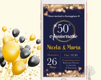 Blue and Gold Wedding Anniversary Digital Invitation, Personalized Golden or Silver Wedding, Elegant WhatsApp Invitation, 50th Birthday, 25th Birthday