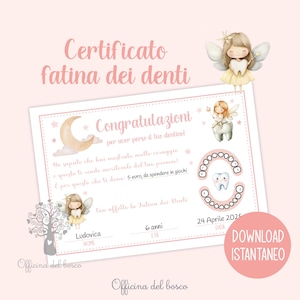 Certificato ufficiale della Fatina dei dentini, attestato caduta del dente, bambini,  azzurro o rosa, denti da latte, fatina dei denti