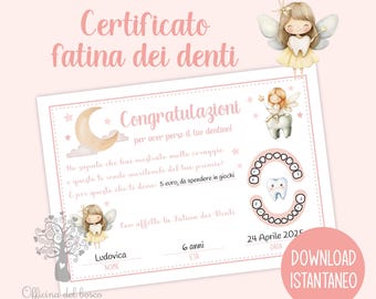 Certificato ufficiale della Fatina dei dentini, attestato caduta del dente, bambini,  azzurro o rosa, denti da latte, fatina dei denti