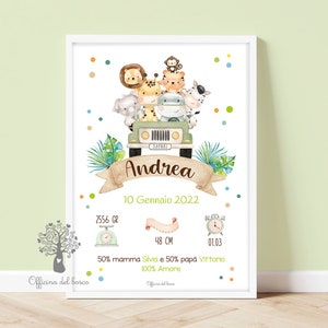 Quadretto Nascita Savana Animali sulla Jeep  Poster ricordo bimbo - quadro - idea regalo per nascita per bambino e bambina