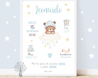 Birth Picture Teddy Bear with Balloon, Customizable Picture Poster Baby/Girl Memory, Baptism Gift Idea for First Birthday Bedroom