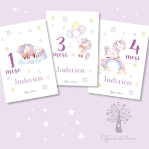 Card Primi Mesi UNICORNI - STAMPA - primi mesi del bambino - card compi mese - mese per mese , idea regalo neonato, nascita