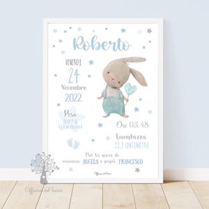 Quadretto Nascita - PDF o STAMPA con CORNICE Coniglietto - Elefantino, Poster ricordo bimbo, idea regalo per nascita per bambino e bambina