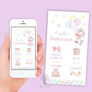 Annuncio Nascita UNICORNO bambina digitale whatsapp - Biglietto nascita - bambino, bambina, rosa o azzurro, bebè, neonato, Nascita