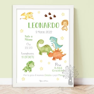 Quadretti dinosauri, nascita, alfabeto, nome dinosauri, frase, significato nome, idea regalo compleanno bambino e bambina