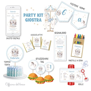 Party Kit GIOSTRA CAROSELLO CAVALLI- azzurro, rosa, festa bambino, Compleanno, Battesimo, Bomboniere, Inviti, Segnalibri, Cioccolatini