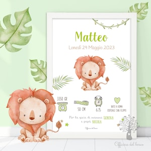 Quadretto Nascita Koala, Leone, Panda, Giraffa, Zebra, Tigre Poster ricordo bimbo - quadro nascita  - idea regalo nascita bambino, bambina