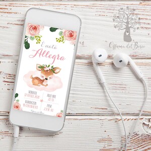 May include: A pink and green digital announcement card with a watercolour illustration of a fawn sleeping on a cloud. The card reads "Enata Allegra" and includes the date "Venerdi 17 Aprile 2020", the time "Alle Ore 22:13", the length "15 centimetres", and the weight "2.810 kg".