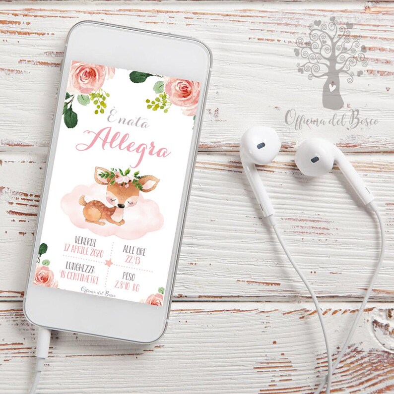 May include: A pink and green digital announcement card with a watercolour illustration of a fawn sleeping on a cloud. The card reads "Enata Allegra" and includes the date "Venerdi 17 Aprile 2020", the time "Alle Ore 22:13", the length "15 centimetres", and the weight "2.810 kg".