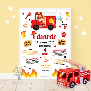 Quadretto crescita POMPIERI e tanti altri disegni digitale, Stampa con Cornice 1 anno 2 anni 3 anni 4 anni - idea regalo compleanno