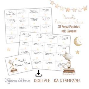 Può includere: Una stampa digitale con il testo "Piccoli Pensieri Felici" e "31 Frasi Positive Per Bambini". L'immagine include un'illustrazione ad acquerello di un gatto, stelle e una luna crescente. Il design è in tonalità morbide e neutre.
