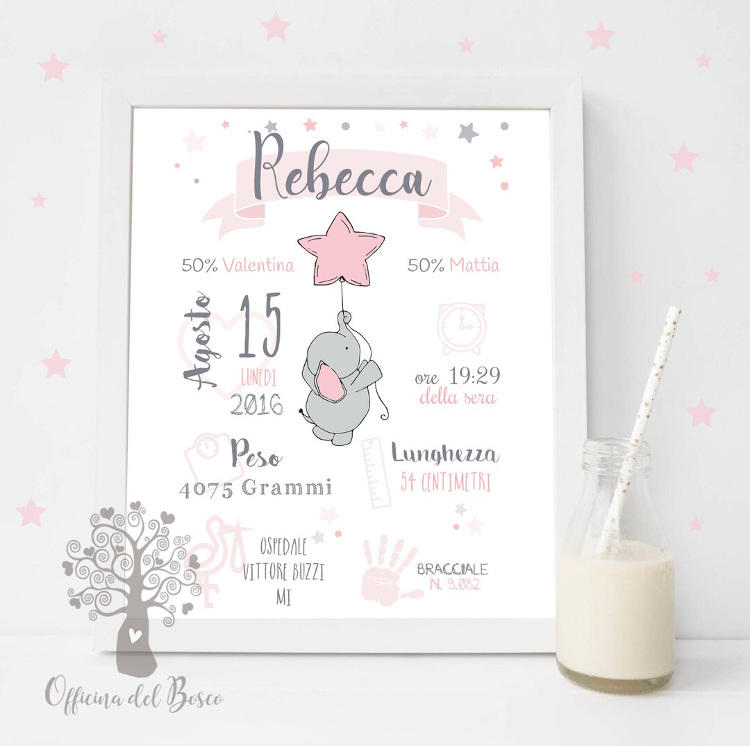 Quadro Nascita Personalizzato Con Coniglietto Rosa - Cornice Con Dati Bimbo, Idea Regalo Unica