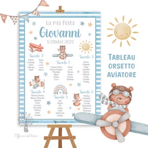 TABLEAU Digitale PDF Orsetto Aviatore, Cerimonia, bambino, bambina, battesimo, compleanno, comunione, cresima, segnatavolo, segnaposto