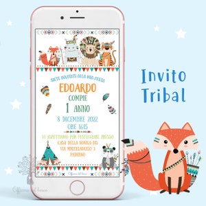 Invito digitale ANIMALI TRIBAL BOHO invito festa whatsapp, 1 anno, 2 anni, Battesimo, compleanno, comunione, cresima