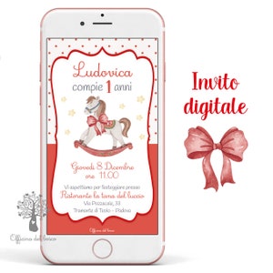 Invito Digitale CAVALLO a DONDOLO, cavalluccio, invito festa, invito primo compleanno, compleanno, bambino o bambina, battesimo, comunione