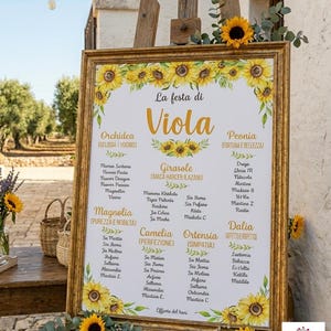 Può includere: Un cartello nuziale con cornice dorata, ornato di girasoli gialli. Il cartello mostra le parole "La festa di Viola" in oro, insieme ai posti a sedere degli invitati. Il cartello è appoggiato su un cavalletto di legno.