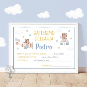 Attestato del Battesimo dell'aria, primo volo, Quadretto, Orsetto Aviatore, idea regalo, natale, prima vacanze, partiamo, rosa azzurro