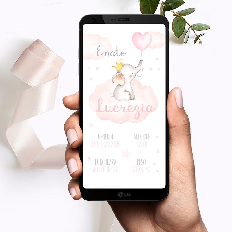 May include: A pink and white digital announcement card with a cartoon elephant wearing a crown and holding a pink heart balloon. The text on the card reads "E nato Lucrezia Venerdi 27 Marzo 2020 Alle Ore 12:20 Lunghezza 51 Centimetri Peso 2.873 KG".