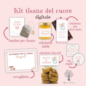 Pdf Digitale KIT TISANA, idea regalo festa della mamma, coccola, relax, tovaglietta, etichetta succo, biscotti e cioccolata, compleanno