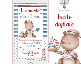 Invitación digital Oso Marinero para NIÑO o NIÑA, mar, osito de peluche, invitación de fiesta, invitación de bautizo, invitación de primer cumpleaños, cumpleaños