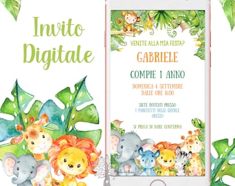 Digital invitation SAVANNAH animals party invitation, 1st year, 2nd year, whatsapp invitation Baptism, birthday, communion, lion, jungle elephant