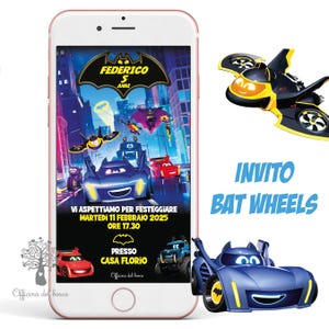 Invito Digitale Bat Wheels, invito festa, 2 anni, 3 anni, 4 anni e 5 anni, 6 anni, 7 anni compleanno, comunione, cresima bambino, Hot Wheels