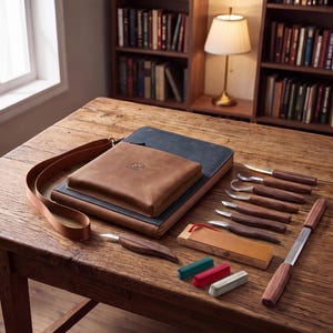 Wood Carving Set 9-Piece – Complete Kit with Walnut Handles & Leather Shoulder Bag / Gift / BeaverCraft S50X