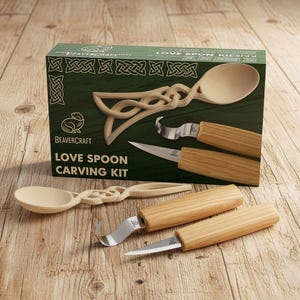 Beginner wood carving kit with tools and basswood spoon blank for DIY whittling.
