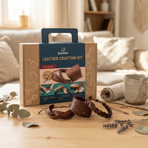May include: A leather crafting kit with a brown box and handle, featuring the text "Leather Crafting Kit" and "Bracelet Set." Several finished brown leather bracelets are displayed on a wooden table, alongside dried leaves and a mug.