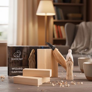 May include: A BeaverCraft Wizard Carving kit with a wooden wizard figurine, carving knife, and wooden blocks. The box features a beaver logo and the words "WIZARD CARVING". The kit includes wood shavings and two mugs.