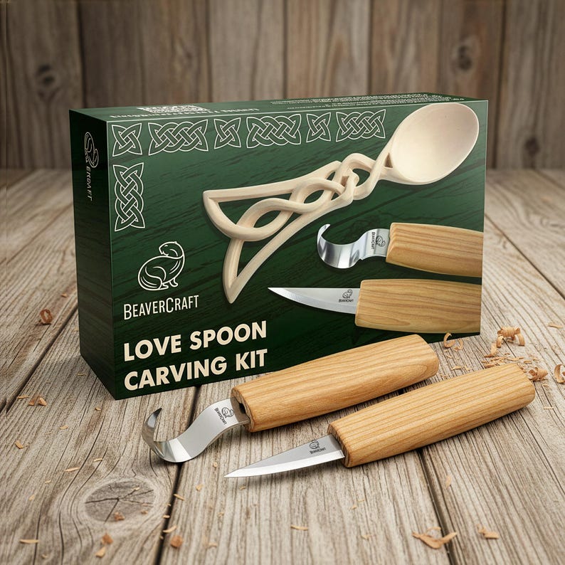 Spoon carving kit with Celtic-style wooden spoon project for adults and teens.