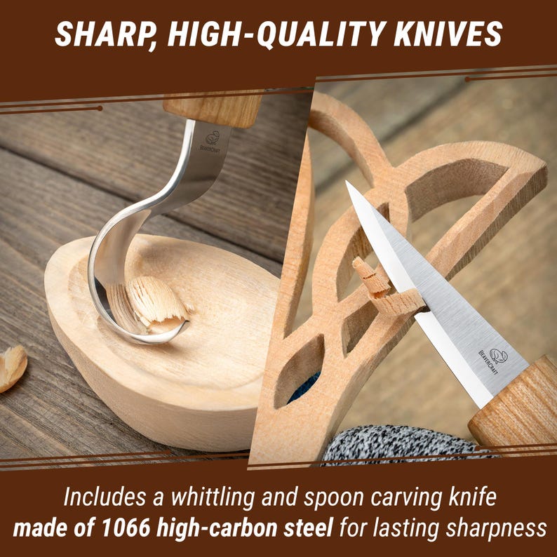DIY woodcraft kit with carving knives and materials for a wooden spoon project.