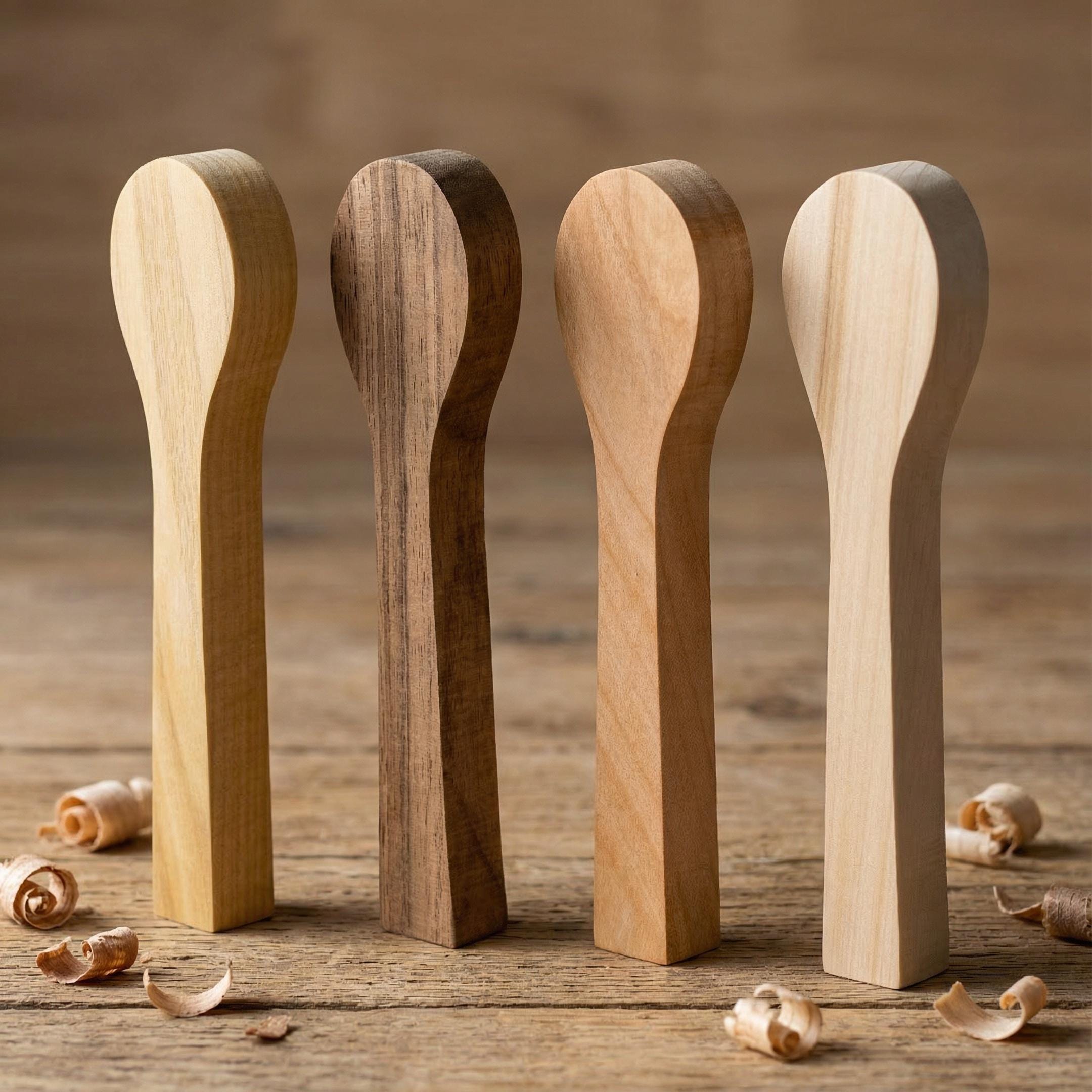 Kit de sculpture de cuillères en bois, 4 blocs de sculpture sur bois brut, cuillères à bois brut pour travaux manuels, cadeau pour les amateurs de travaux manuels