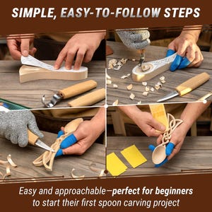 Woodworking and whittling set with ergonomic knives and basswood spoon blank.