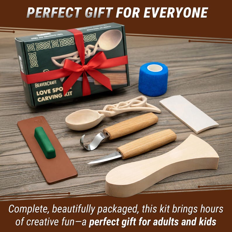 Perfect gift for men. Woodworking and whittling set with ergonomic knives and basswood spoon blank.
