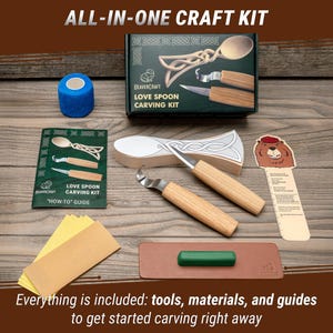 DIY woodworking set with knives, strop, sandpaper, and step-by-step spoon guide.