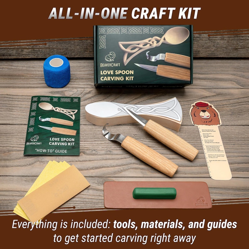 DIY woodworking set with knives, strop, sandpaper, and step-by-step spoon guide.