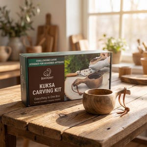 May include: A wooden Kuksa carving kit box with the text "CHALLENGING CARVE DESIGNED FOR SEASONED ARTISANS" and "KUKSA CARVING KIT". A carved wooden Kuksa cup with a leather strap sits on a rustic wooden table.