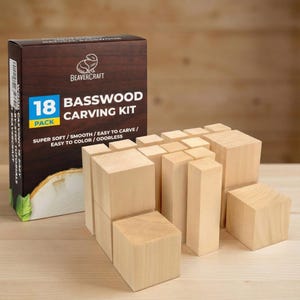 May include: A basswood carving kit with 18 pieces, including blocks and rectangular shapes. The kit is packaged in a brown box with the Beavercraft logo and text that reads "Basswood Carving Kit". The wood appears to be light-colored and smooth.