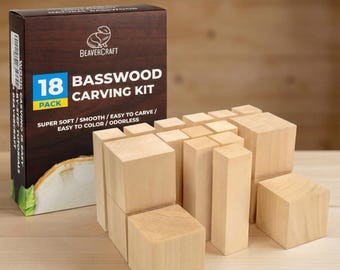 Basswood Carving Blocks Set for Whittling - Soft Wood Blanks for Beginners & Kids | 18 pcs DIY Craft Wood | BeaverCraft BW18