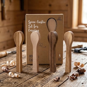 May include: A set of four wooden spoon blanks for carving, arranged in front of a cardboard box labeled Spoon-tastic Set for Carving. The blanks vary in wood grain and color, ranging from light to dark brown, and are accompanied by wood shavings.