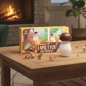 Peut inclure: Un kit de sculpture sur bois avec l'inscription "FAMILY FUN" sur la boîte, comprenant une sculpture en forme de champignon et plusieurs petites sculptures en bois d'oiseaux et d'autres formes. Le kit est sur une table en bois.