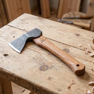 May include: A hand axe with a dark, forged metal head and a curved wooden handle. The handle features a visible wood grain pattern and the brand name BeaverCraft stamped near the head. A small circular hole is located at the end of the handle.